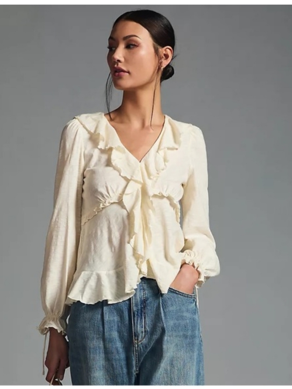Anthropologie Ruffled Tie Top in Cream